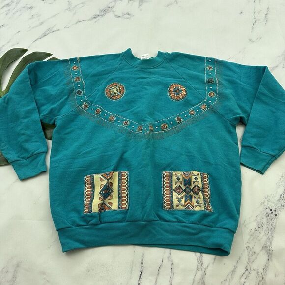 Fruit of The Loom Womens Vintage 90s Sweatshirt Size XL Turquoise Blue Southwest - Picture 1 of 11